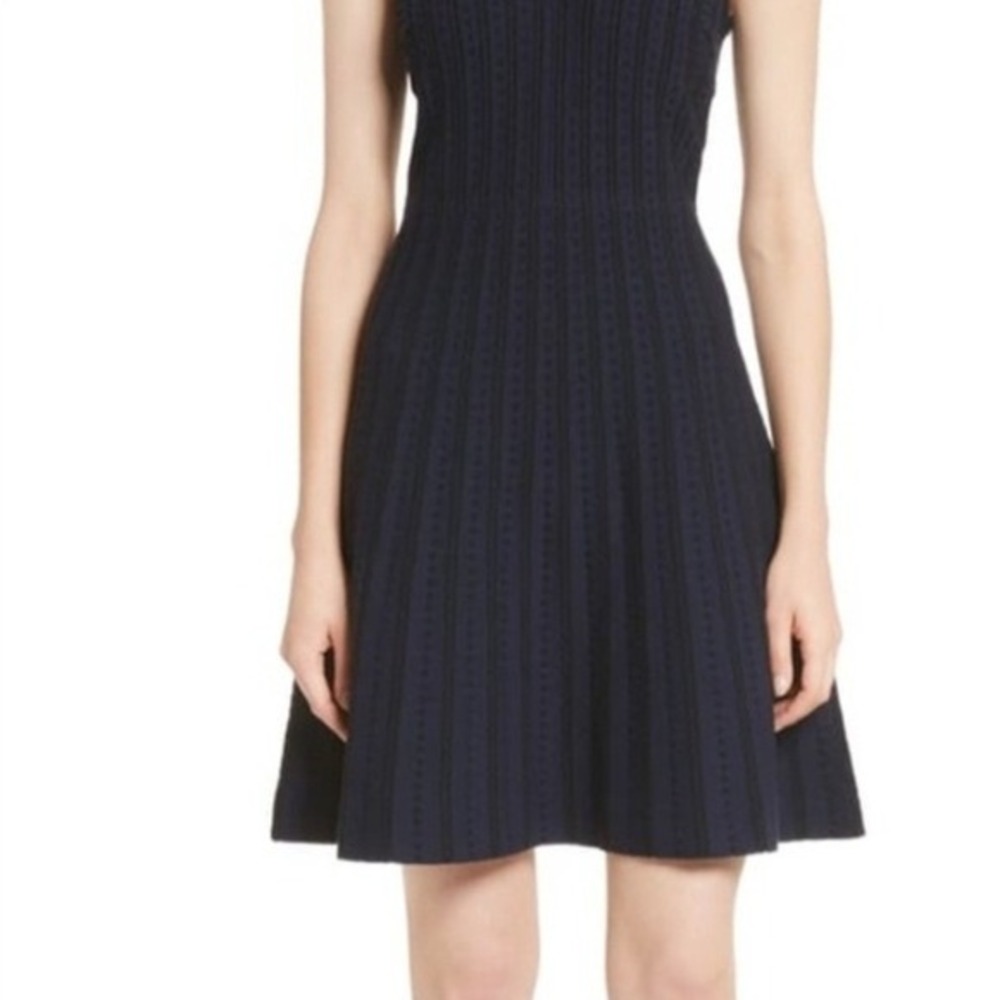 Kate Spade New York Navy Blue Textured Knit Fit and Flare V Neck Dress Medium